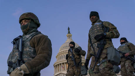 FILE PHOTO: National Guard troops reinforce the security zone on Capitol Hill in Washington © AP Photo/J. Scott Applewhite,