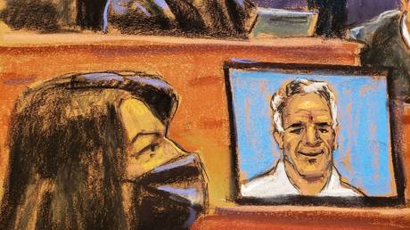 Ghislaine Maxwell attends her trial near an image of Jeffrey Epstein on a screen in a courtroom sketch. December 2, 2021. © Reuters / Jane Rosenberg