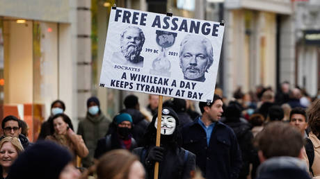 A Julian Assange supporter in London, December 10, 2021. © Niklas Halle’n/AFP
