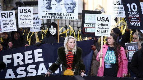 Supporters of Julian Assange display signs and banners, outside the Royal Courts of Justice in London, Britain December 10, 2021. © Reuters / Henry Nicholls