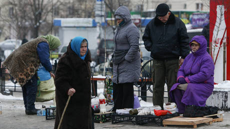 Women, mostly pensioners, sell homemade food in Kiev, Ukraine.