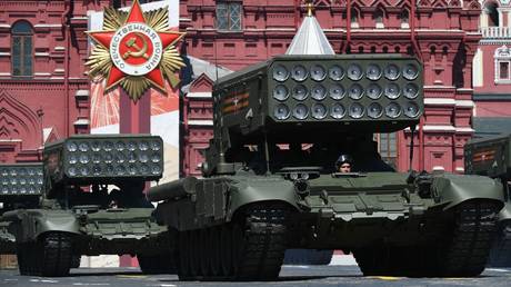 TOS-1A Solntsepyok (Blazing Sun) multiple thermobaric rocket launchers during the Victory Day military parade in Red Square marking the 75th anniversary of the victory in World War II, on June 24, 2020 in Moscow, Russia. © Ramil Sitdikov - Host Photo Agency via Getty Images