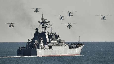 FILE PHOTO. The Novocherkassk landing ship takes part in an exercise in the amphibious landing on an unimproved shore at the Opuk range, in Crimea, Russia. © Sputnik / Konstantin Mihalchevskiy