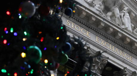 A Christmas tree is seen outside of the New York Stock Exchange (NYSE) on the last day of trading before Christmas in Manhattan, New York City, US, December 23, 2021.