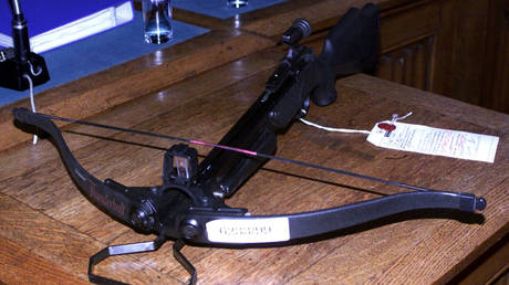 FILE PHOTO: A crossbow presented as an evidence during a murder trial. © Reuters / HRM