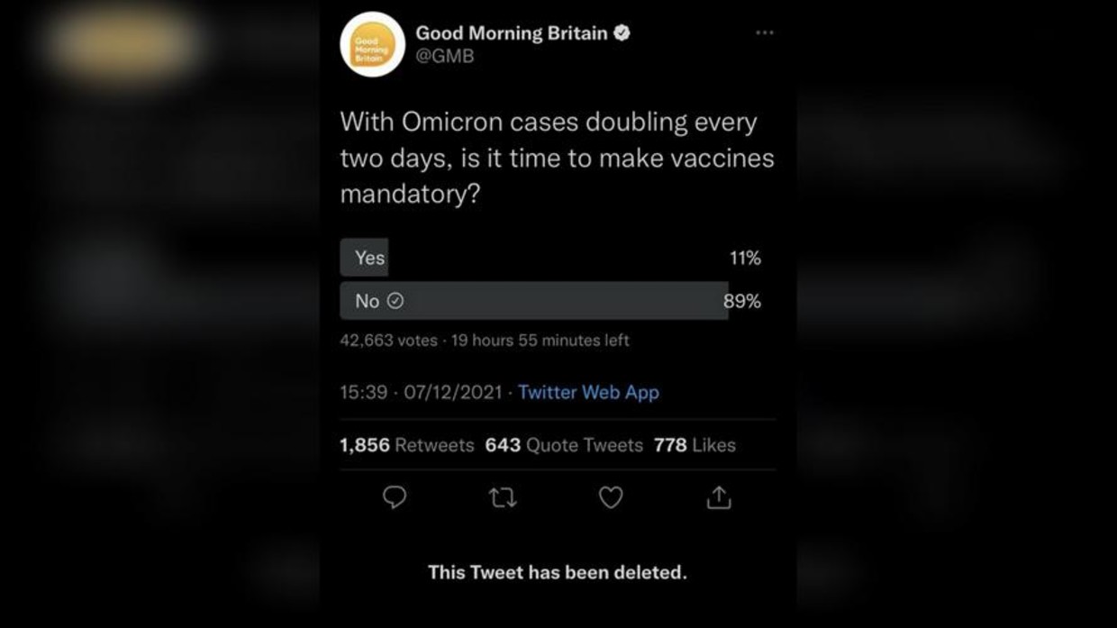 The Good Morning Britain program removed an online poll which showed an overwhelming majority against compulsory vaccination