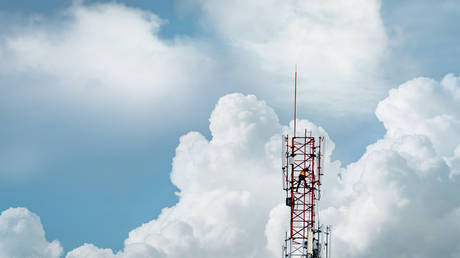 FILE PHOTO: A general view of a cell tower equipped with 5G equipment.