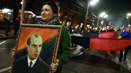 Activists of Ukrainian nationalist parties take part in a rally to mark the 112th anniversary of the birth of Stepan Bandera, one of the founders of the Organization of Ukrainian Nationalists (OUN), in Kiev, Ukraine. © Sputnik / Stringer