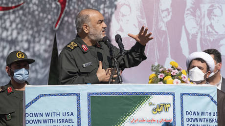 FILE PHOTO. Hossein Salami during a speech in Tehran. ©Morteza Nikoubazl / NurPhoto via Getty Images