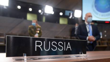 A plaque on the table of Russian delegation is seen before the Russia - NATO talks in Brussels, Belgium.