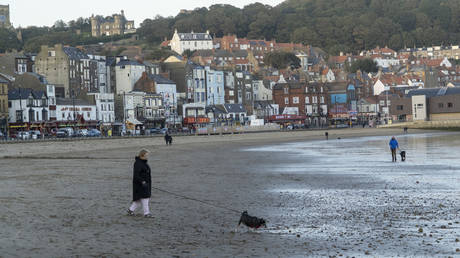 A person walks a dog along the beach in Scarborough, Yorkshire. © Edward Crawford / SOPA Images / LightRocket / Getty Images