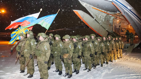 Russian peacekeepers seen at an airfield outside Moscow, Russia on January 13, 2022.