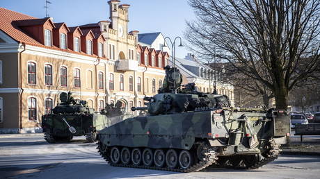 The Swedish Armed Forces infantry vehicles are seen in the port of Visby, Sweden, on January 14, 2022.