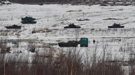 FILE PHOTO: Tanks are seen during Russian-Belarusian drills in central Russia in April 2021.
