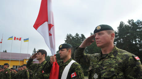 FILE PHOTO: Canadian troops are seen during the opening of a joint Ukrainian-Canadian military drill, in the Lviv Region, Ukraine.