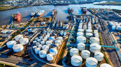 Aerial view of fuel storage tanks at a Texas oil refinery outside Houston, Texas, US.