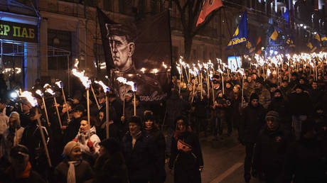 FILE PHOTO. March to mark the 108th anniversary of Stepan Bandera birth in Kyiv, Ukraine. © Getty Images / Vitaliy Holovin