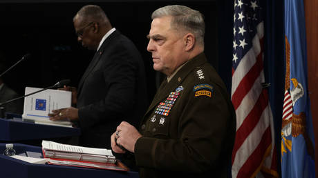 US Army General Mark Milley (right), chairman of the Joint Chiefs of Staff, and Secretary of Defense Lloyd Austin are shown at a Pentagon press briefing on Friday.