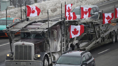 Protesters gather onto the Don Mills bridge over Highway 401 in a show of support for the Freedom Convoy of truckers on their way to Ottawa, January 27, 2022. © Getty Images/Toronto Star/Steve Russell