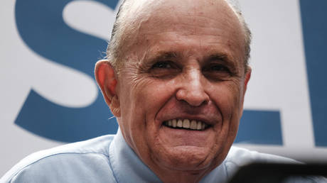 Rudy Giuliani makes an appearance in support of fellow Republican Curtis Sliwa who is running for NYC mayor on June 21, 2021 in New York City