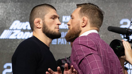 Khabib and McGregor famously faced off in a 2018 grudge match. © Ed Mulholland / Zuffa LLC via Getty Images