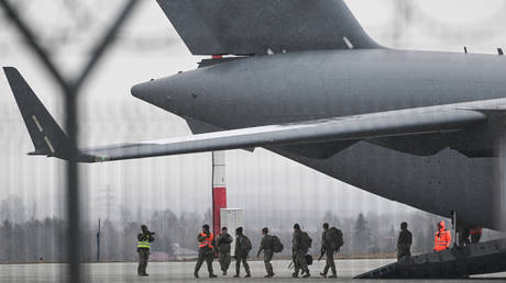 US Army cargo aircraft with soldiers arrive at the Rzeszow airport in Rzeszow, Poland