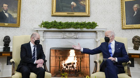 President Joe Biden meeting with German Chancellor Olaf Scholz in the Oval Office of the White House, February 7, 2022.