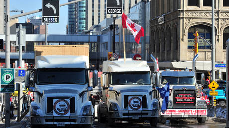 Protesters of the Freedom convoy gather near the parliament hill n Ottawa, Canada. © Kadri Mohamed / Anadolu Agency / Getty Images