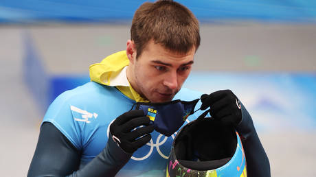 Skeleton athlete Vladyslav Heraskevych made the gesture in Beijing. © Adam Pretty/Getty Images