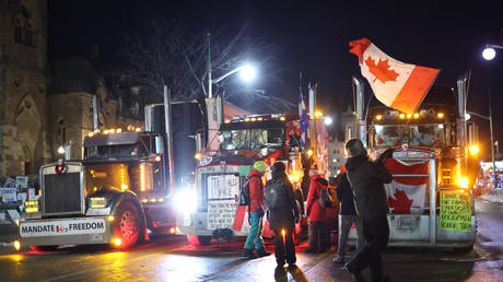 Protestors block downtown streets near the Parliament Buildings, February 15, 2022 in Ottawa, Ontario