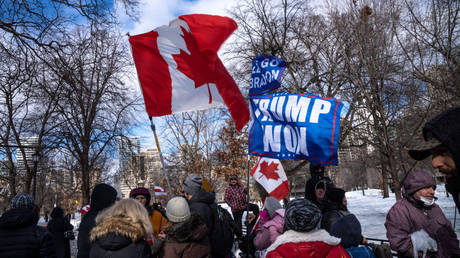 Protesters wave Canadian and pro-Trump flags during a rally in Queens Park, Toronto, Canada, February 12, 2022 © Getty Images / Katherine Cheng