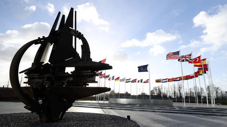 The flags of member countries of North Atlantic Treaty Organization are seen at the Headquarter of NATO in Brussels, Belgium, February 17, 2022