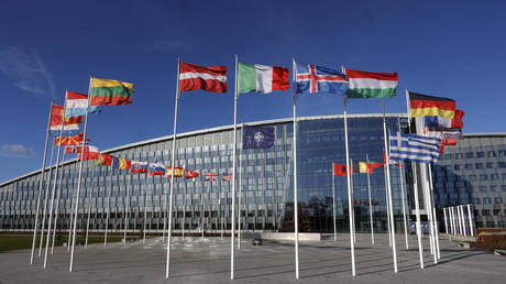 FILE PHOTO: The flags of member countries of North Atlantic Treaty Organization are seen at the Headquarter of NATO in Brussels, Belgium, on February 7, 2022.