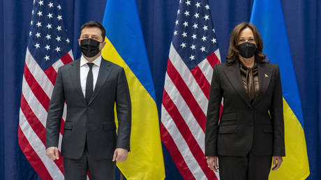 Kamala Harris and Volodymyr Zelenskyy pose for photographs before meeting during the Munich Security Conference, Germany, February 19, 2022 © AP / Andrew Harnik