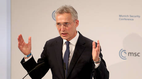 Jens Stoltenberg gives his speech at the 2022 Munich Security Conference in Munich, Germany