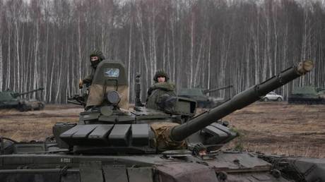 Russian and Belarusian armed forces take part in the Allied Determination 2022 military drill in Belarus on February 11, 2022.