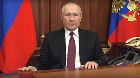 Russian President Vladimir Putin speaks during a national address in which he announced a "special military operation" in the Donbass region, February 24, 2022.