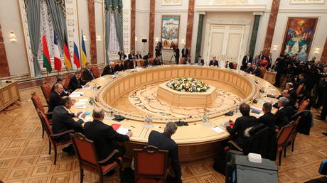 FILE PHOTO. Four-way peace talks on the Ukraine crisis in Minsk, Belarus, on Feb. 11, 2015. ©Henadzi / Xinhua via Global Look Press