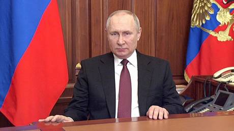 Russian President Vladimir Putin addressees the nation on February 24, 2022