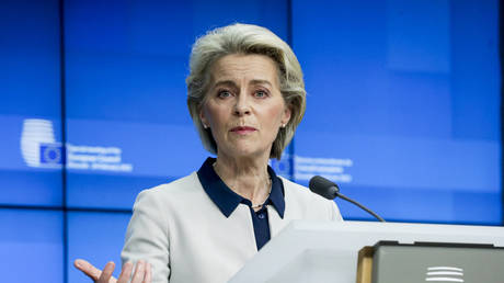 European Commission President Ursula von der Leyen delivers a press conference in Brussels, Belgium, February 25, 2022