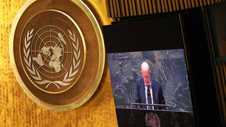 Vasily Nebenzya, Permanent Representative of Russia to the United Nations speaks during a special session of the General Assembly at the United Nations headquarters on on February 28, 2022 in New York City. © Michael M. Santiago / Getty Images