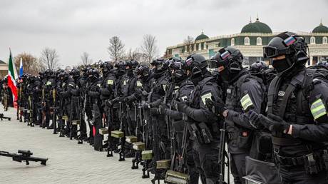 Soldiers assembled in Grozny in Russia’s Chechen Republic, February 25, 2022. © Chechen Republic Press Service.