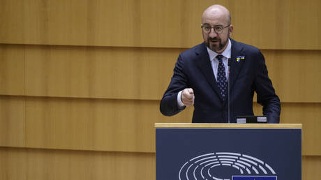 President of the European Council Charles Michel delivers a speech about Ukraine. © Thierry Monasse / Getty Images