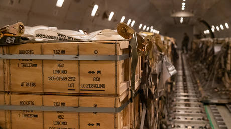 FILE PHOTO. Pallets of ammunition and weapons bound for Ukraine loaded on a plane at Dover Air Force Base, Delaware, US on January 30, 2022.
