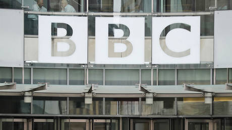 FILE PHOTO: The BBC logo is seen outside the public broadcaster's headquarters in London, Britain.