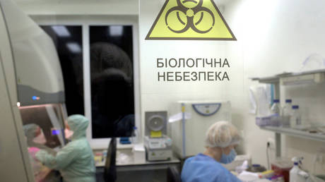 FILE PHOTO:The biohazard symbol is seen at a bacteriological laboratory at the Lvov Regional Laboratory Centre in Lvov, Ukraine, November 9, 2020 © Getty Images / Markiian Lyseiko