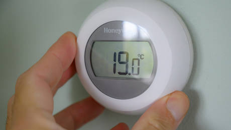 Digital thermostat is adjusted in a living room. © Sjoerd van der Wal / Getty Images