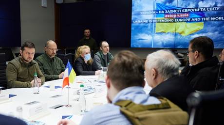 Ukrainian President Volodymyr Zelensky holds a meeting with Polish, Czech and Slovenian officials, in Kiev, Ukraine, March 15, 2022.