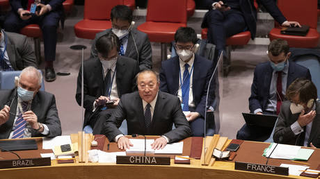 File photo: Zhang Jun, China's permanent representative to the United Nations, speaks during the UN Security Council meeting discussing the United States' alleged military biological research in Ukraine; March 11, 2022.