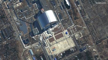 A satellite image of the Chernobyl Nuclear Power Plant in Ukraine, March 2022. © Maxar Technologies/Getty Images